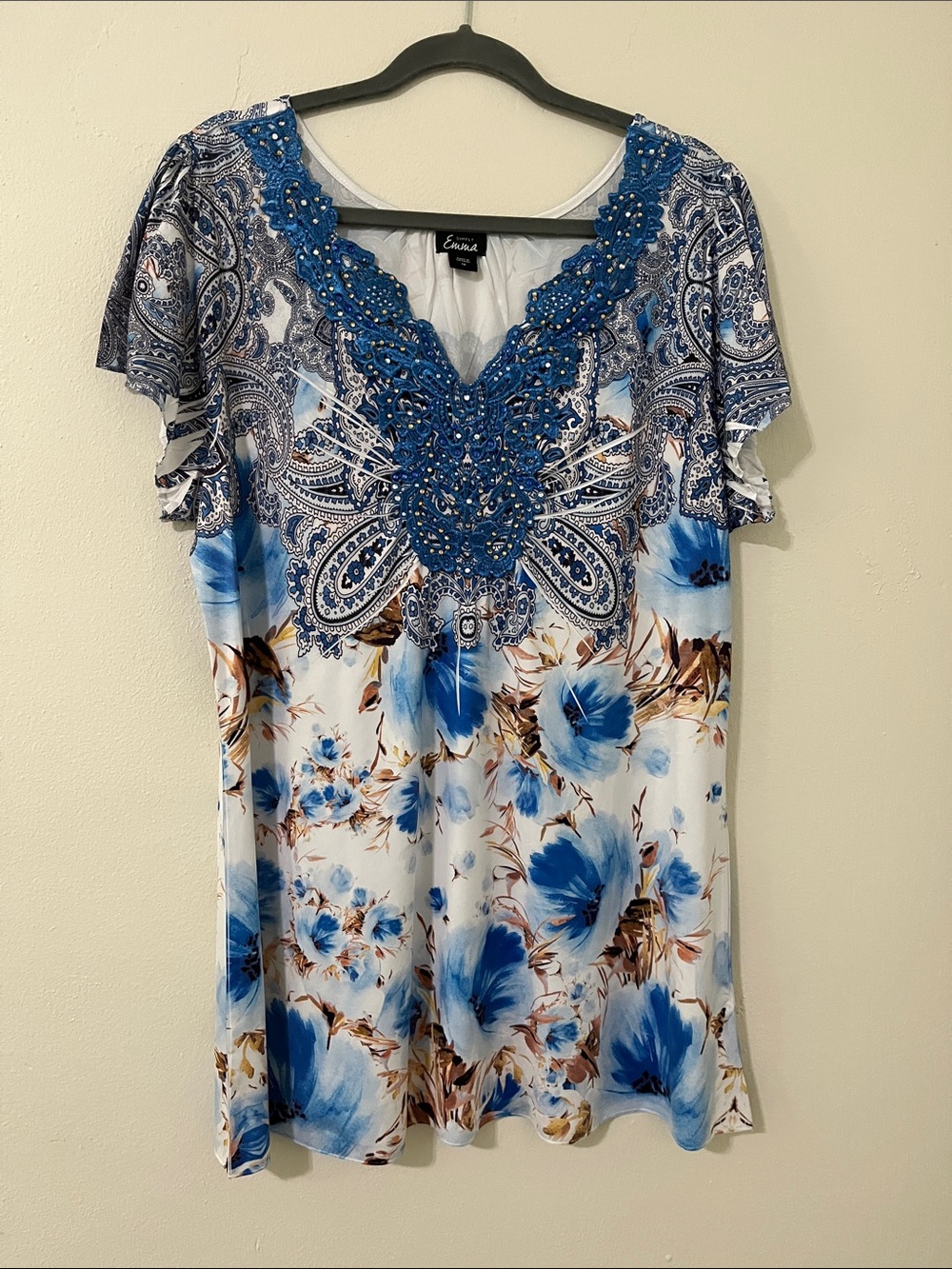 Simply Emma 1X Top lace beaded accents Short Sleeve